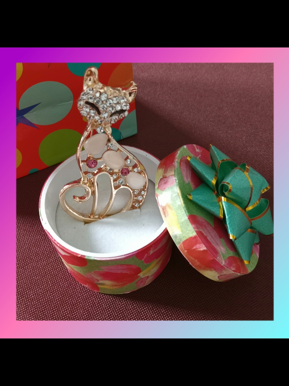 Gold-Tone White & Pink Crystal Cat Brooch - Elegant Women’s Jewelry